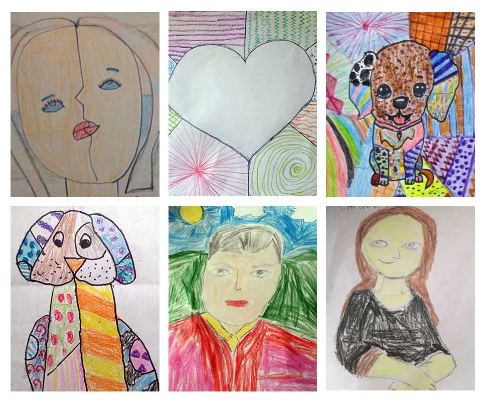 Idlewood student art including pop-art dogs, a heart and a Picasso inspired face.
