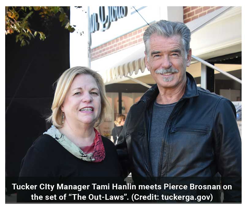 City Manager Tami Hanlin and actor Pierce Brosnan
