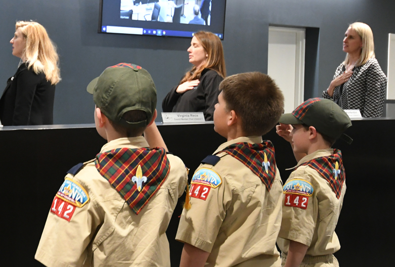 Boy Scouts Troop 142 leads the Pledge of Allegiance top open the City Council meeting.