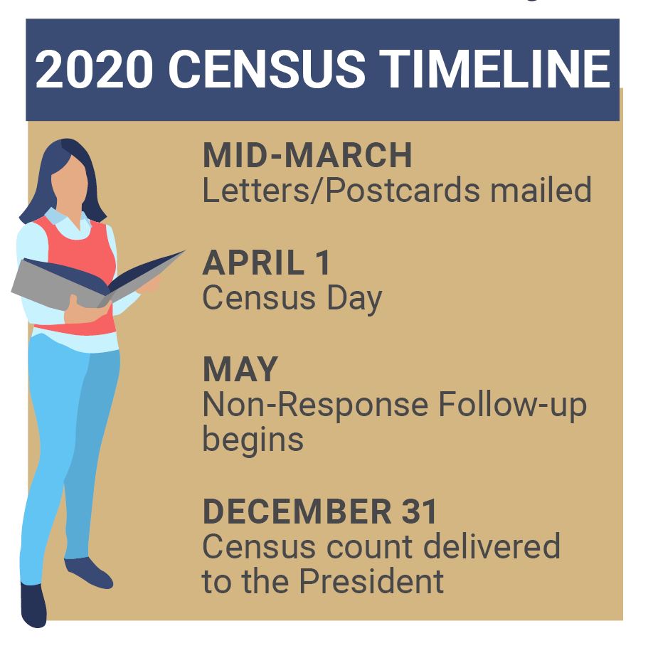 Infographic for the timeline of the 2020 census which begins mid-March.