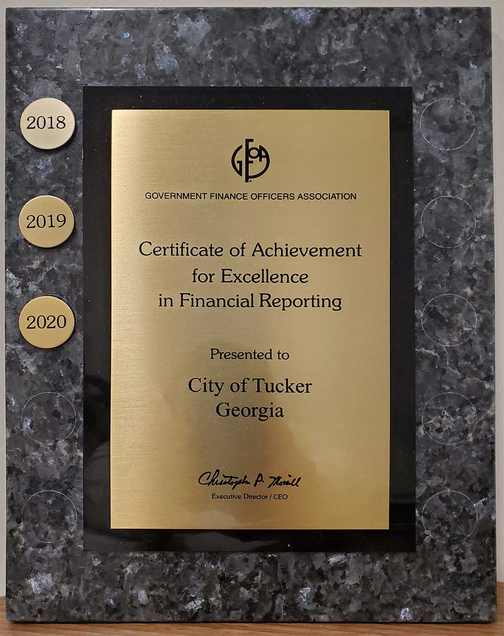 Award plaque presented to Tucker Finance Department