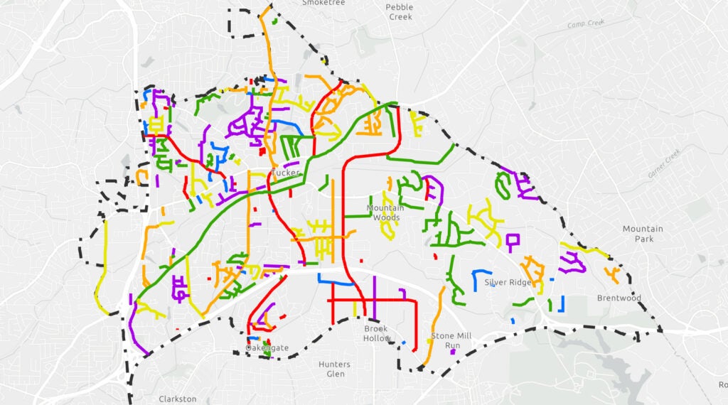 Map of Tucker streets color-coded to indicate when they were last paved.