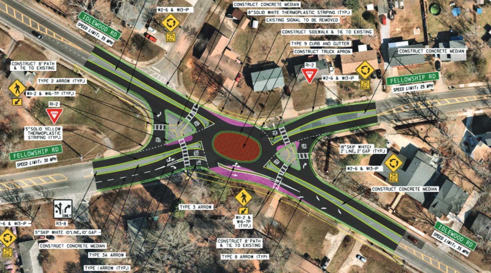 Concept markup of a roundabout at Idlewood Road and Fellowship Road.