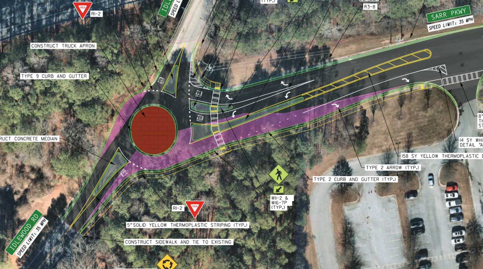 Concept markup of a roundabout at Idlewood Road and Sarr Parkway.