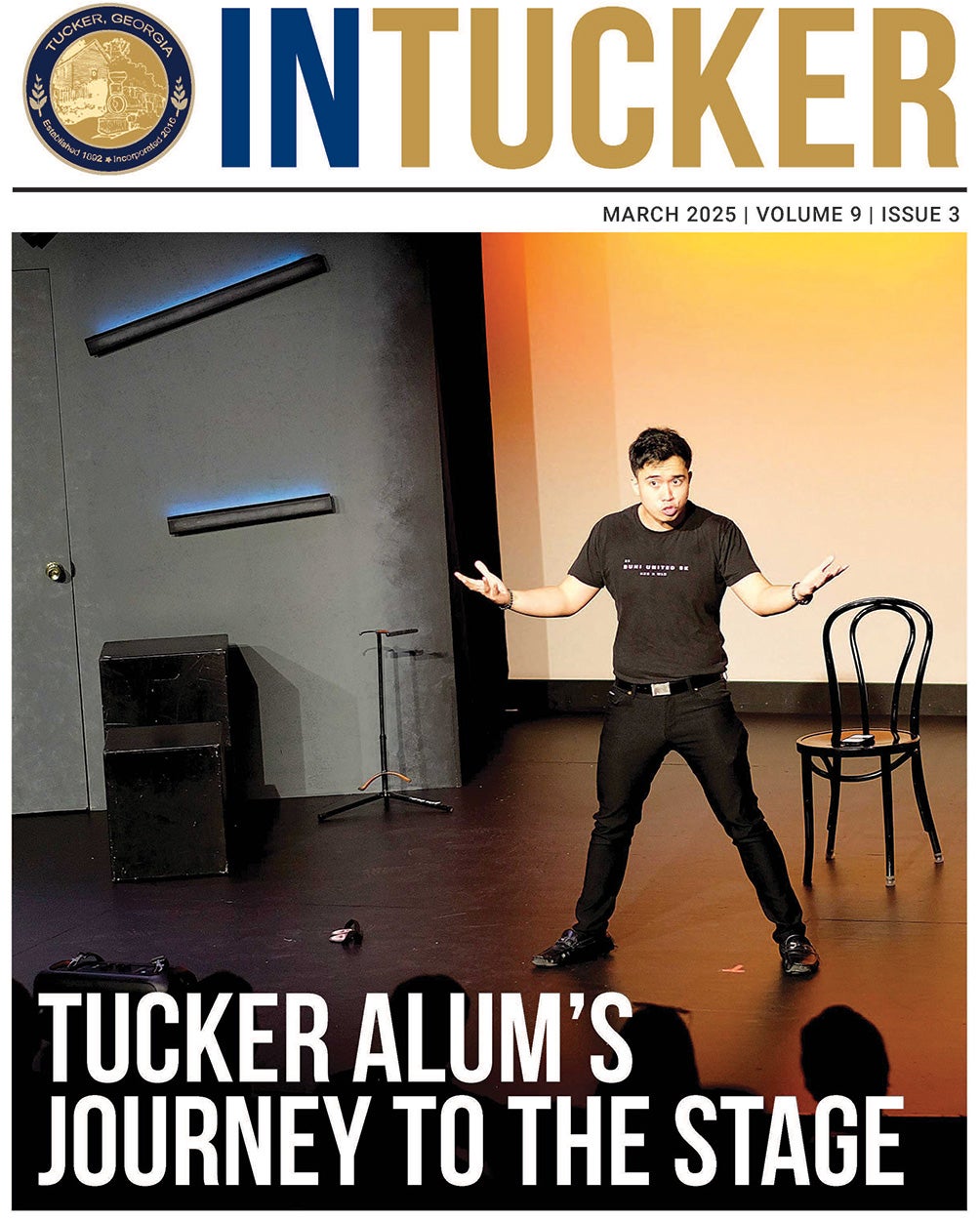 InTucker Cover of March 2025 shows local comedian Phong Le performing on stage.