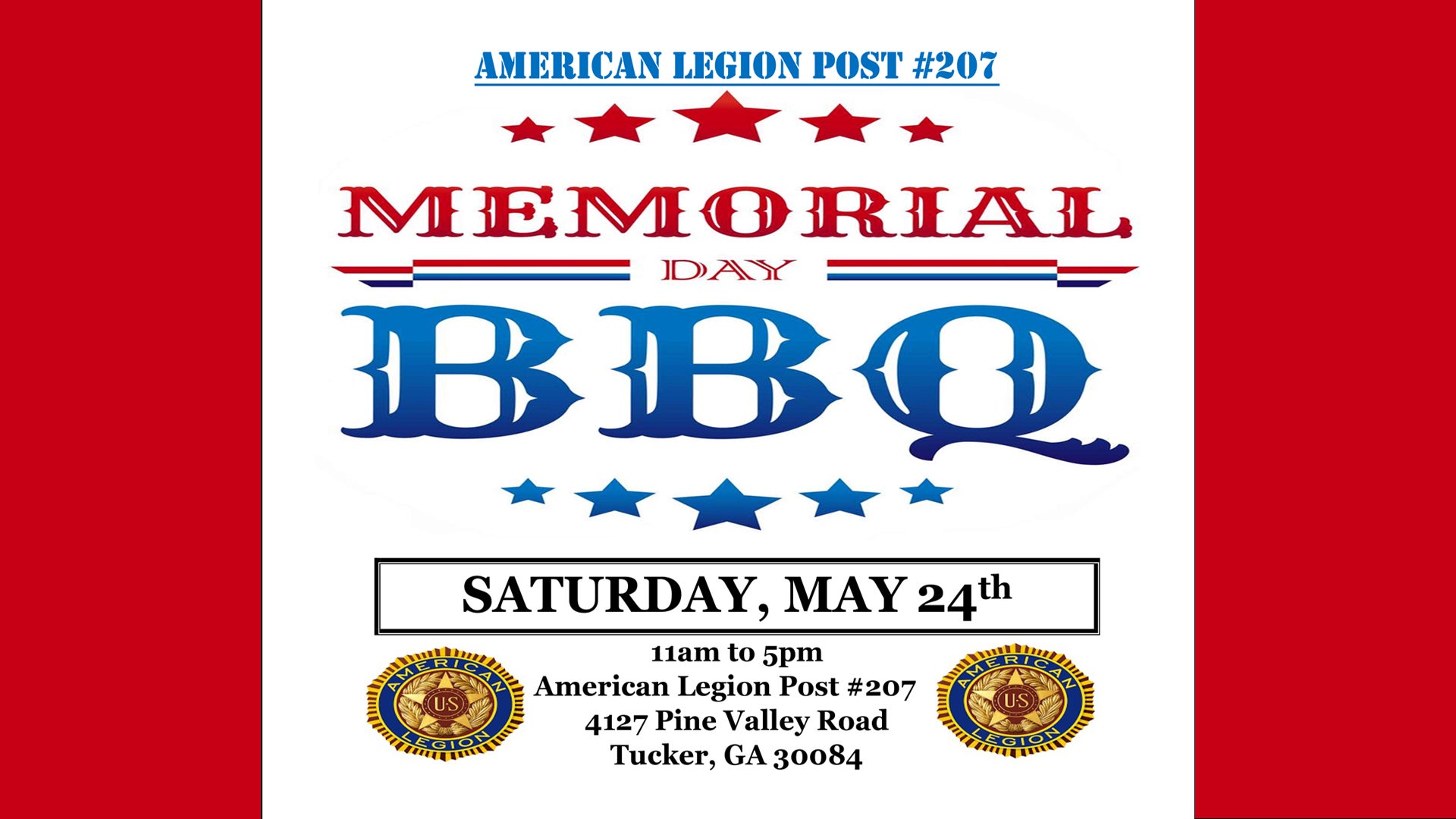 American Legion BBQ - May 24, 11 am - 5 pm.