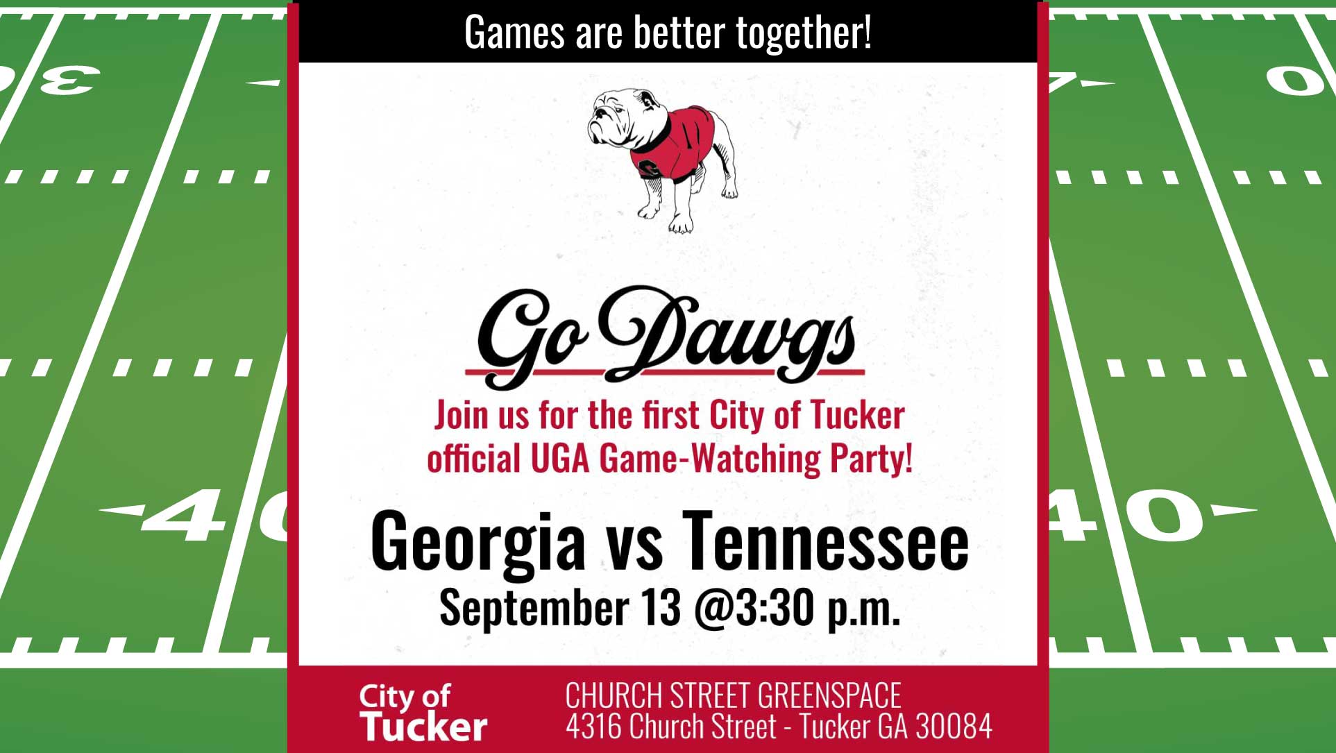 Join us for Tucker's first official UGA game-watching party as Georgia takes on the Tennessee Volunteers.