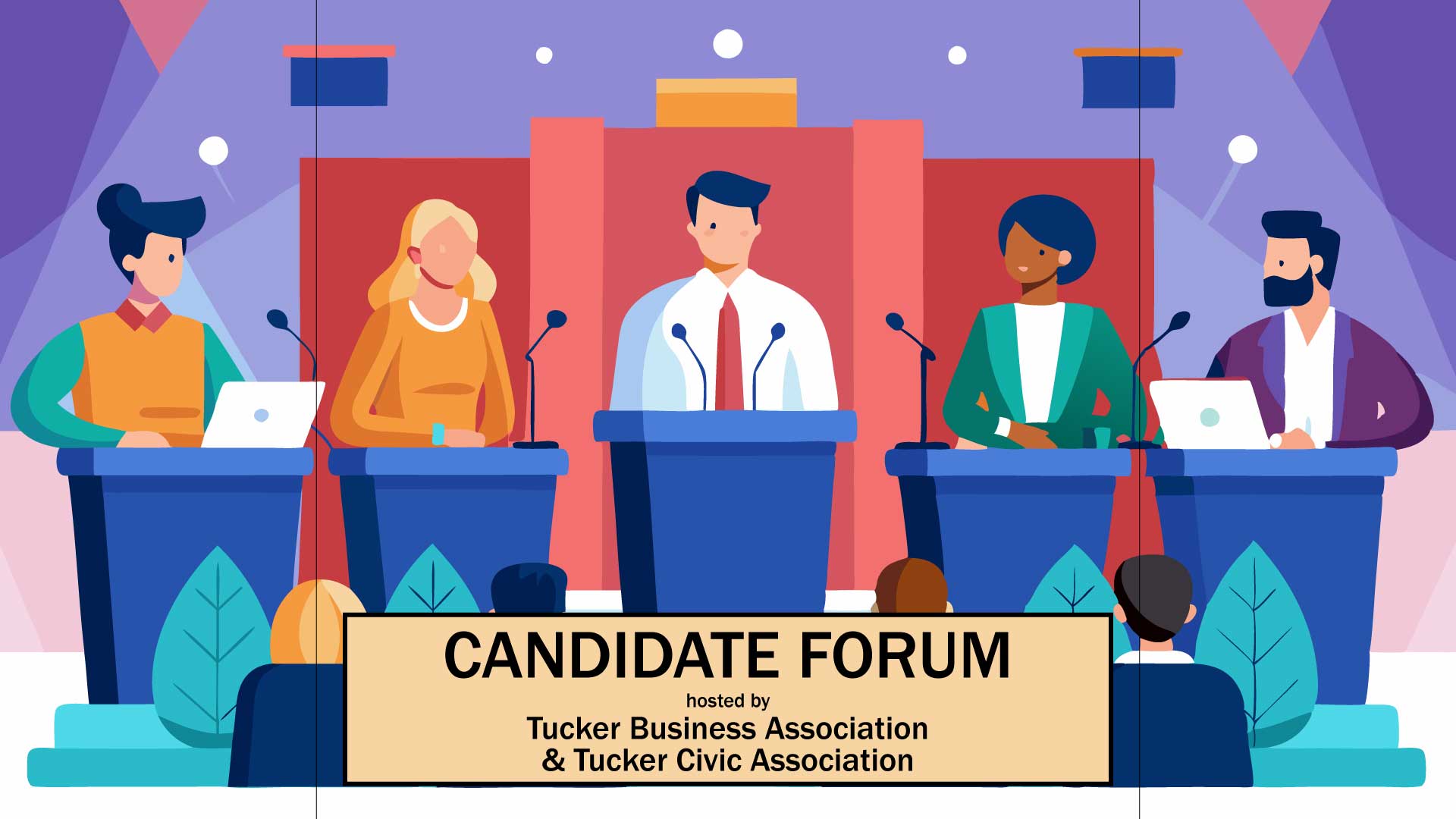 Simple drawing of five candidates behind lecture stands on a stage.