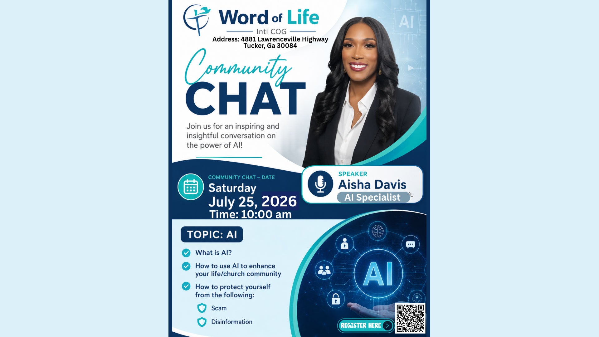 Community Chat on July 25 at 10 a.m. about the power of AI presented by Word of Life Church of God.