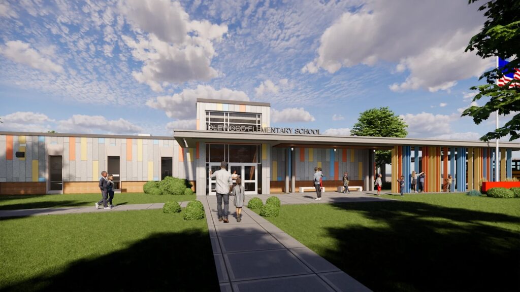 A rendering of the exterior of Idlewood Elementary in Fall 2027 after renovations