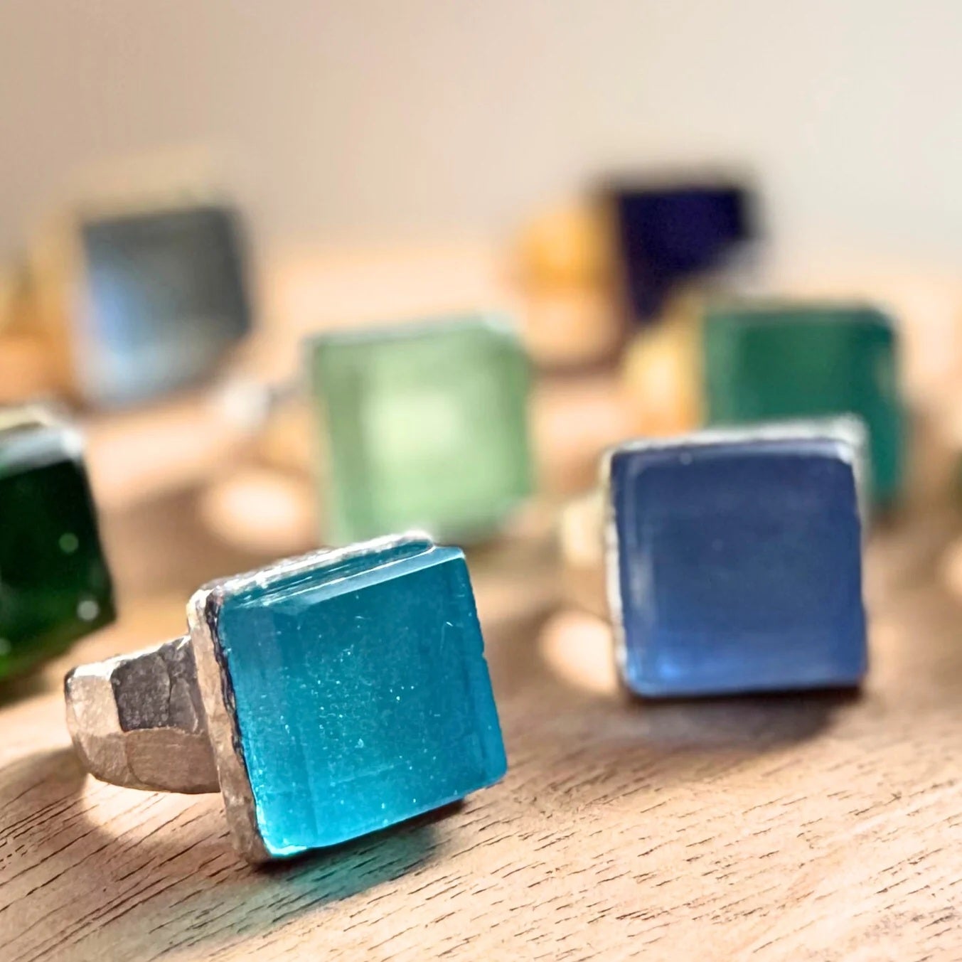 Rings made from recycled glass at Smart Glass Jewelry