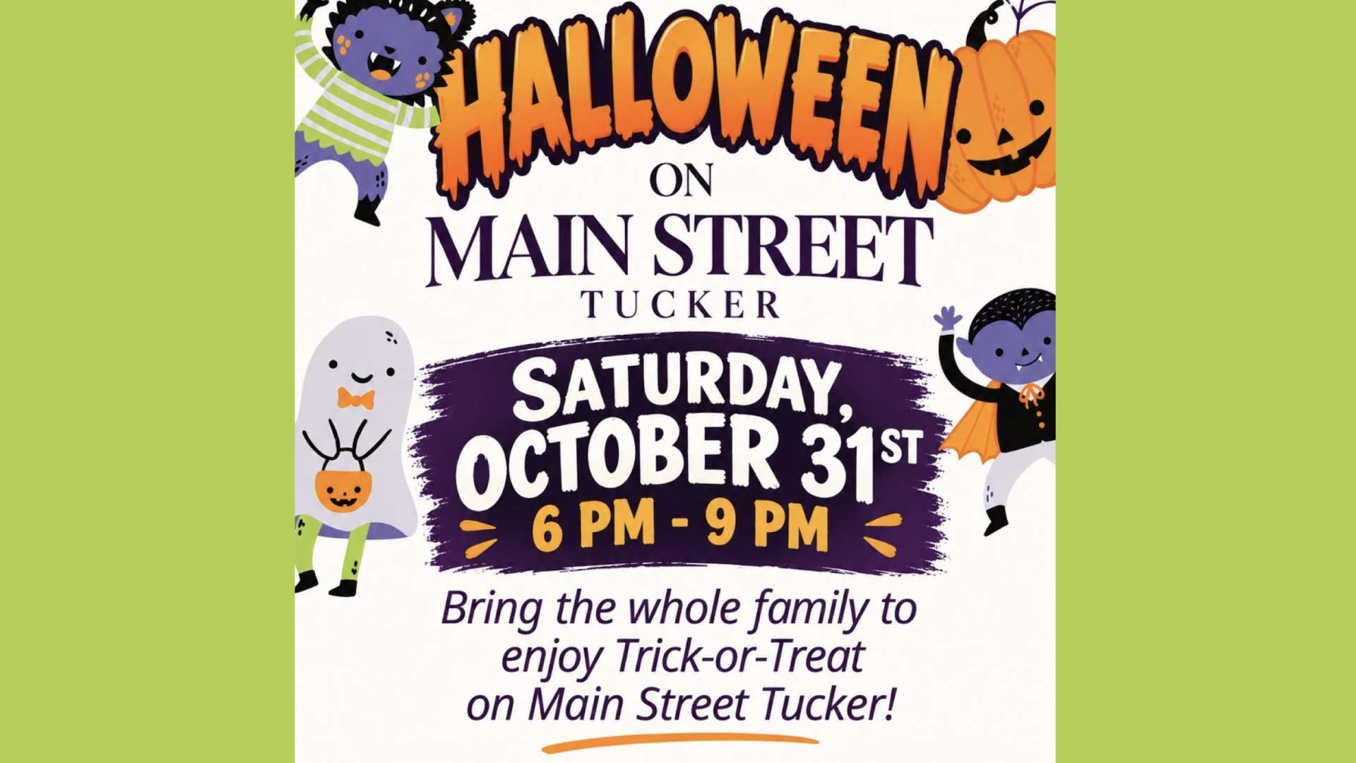 Fee candy for kids plus food and drinks specials Saturday October 31,2026 from 6-9 pm at participating businesses on Main Street in Tucker, GA.